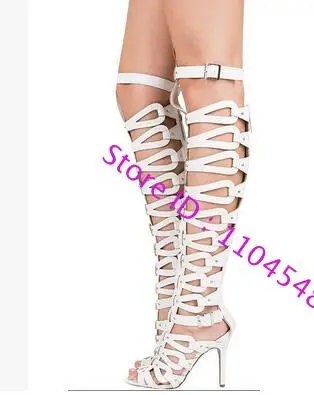 

Design Women Hollow Buckle Over Knee Roman Gladiator Sandal Boots Large Size Lady Summer High Heel Gladiator Sandal