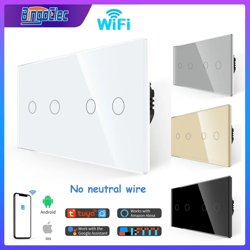 Wifi Interruptor de Luz 4gang Interruptor de Toque Parede Painel Classe Cristal Interruptor Inteligente App Controle Trabalho com Tuya Nenhum Fio Neutro Necessário