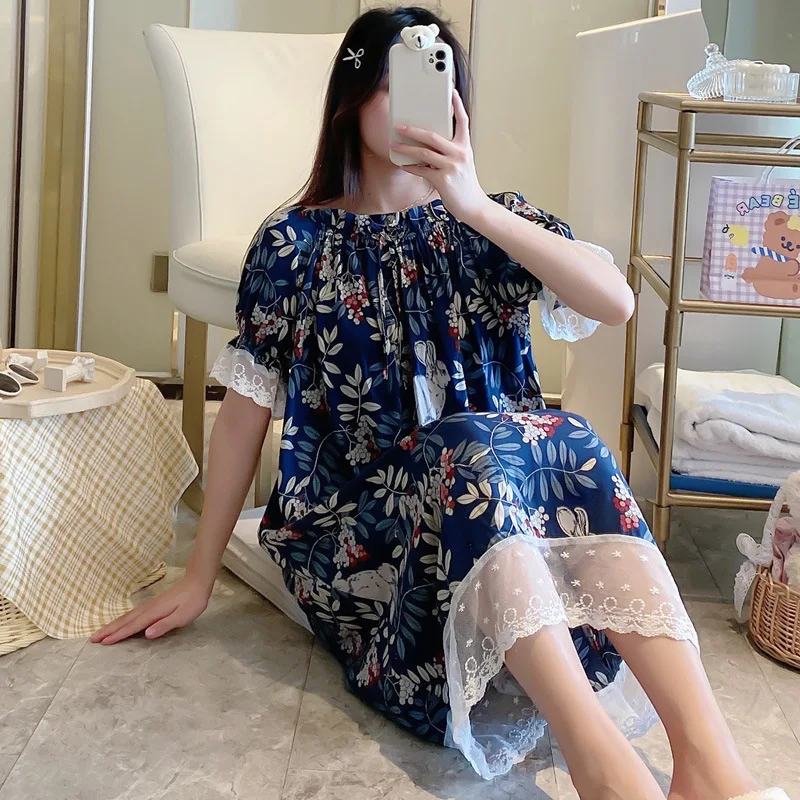 Wide Suspender Nightdress Women Summer Thin Cotton Silk Pajamas Night Gown Sexy Sleepwear