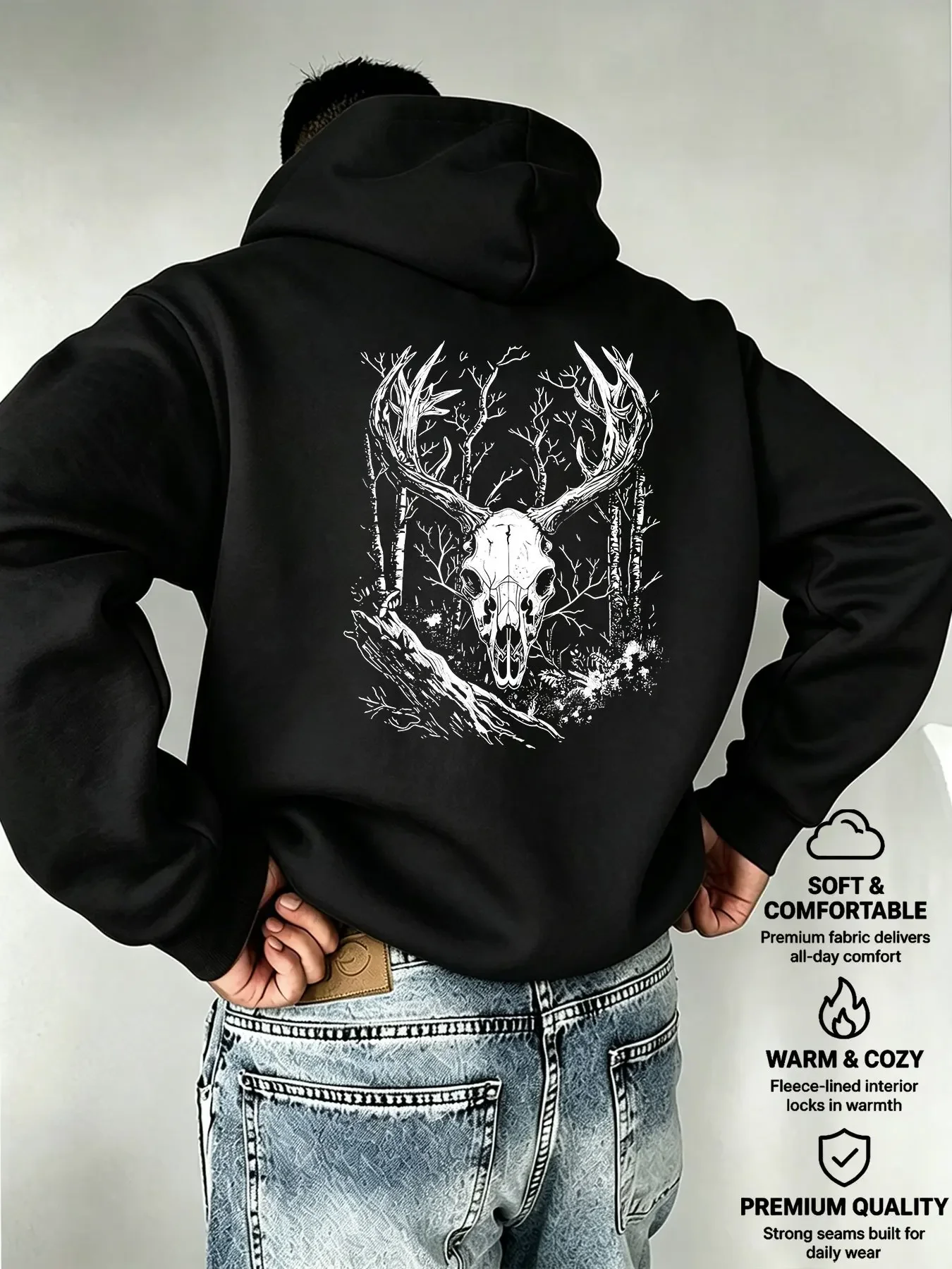 Dark Vintage Forest Deer Skull Print Hoodie Men Wilderness Gothic Street Loose Pullover Hooded Sweatshirt Autumn Winter Fleece