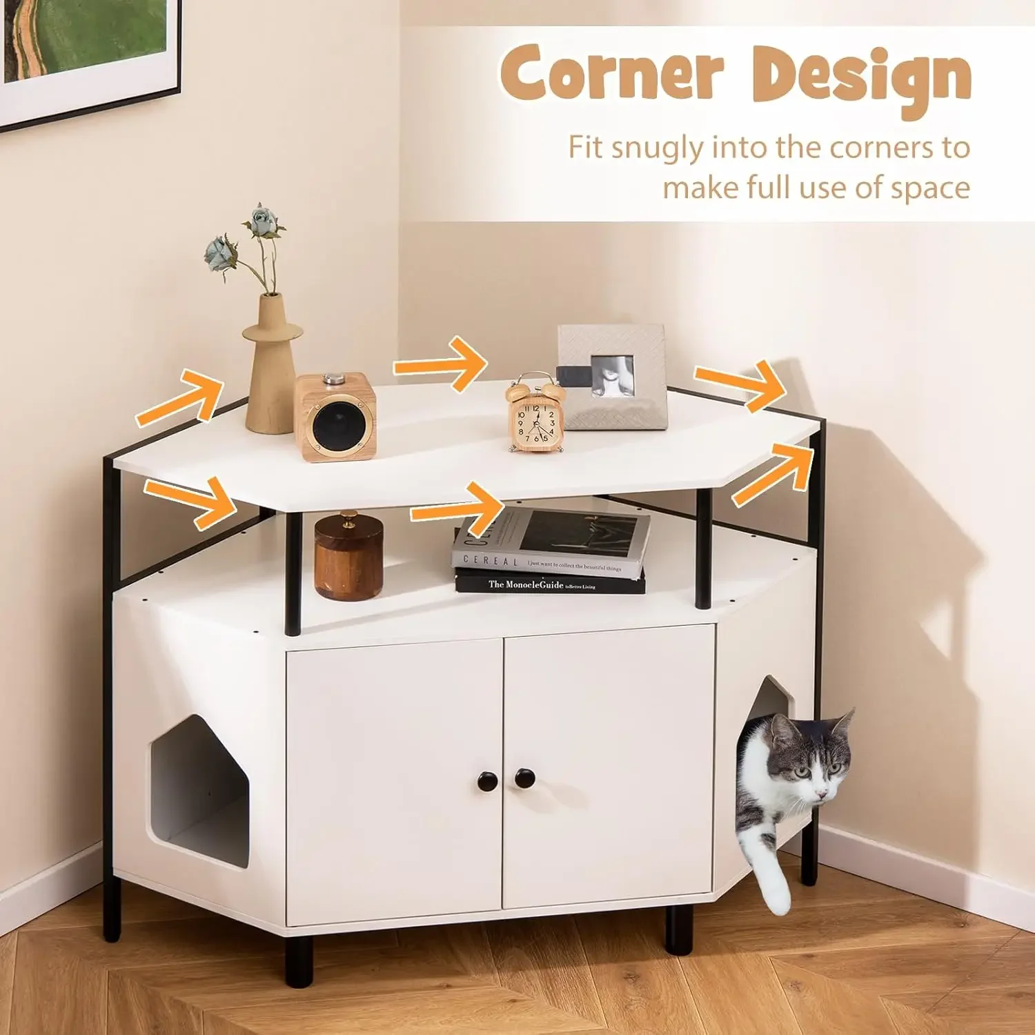 Corner Cat Litter Box Enclosure, Decorative Pet Cabinet Furniture with Open Shelf, 2 Entrances, Hidden Cat Washroom