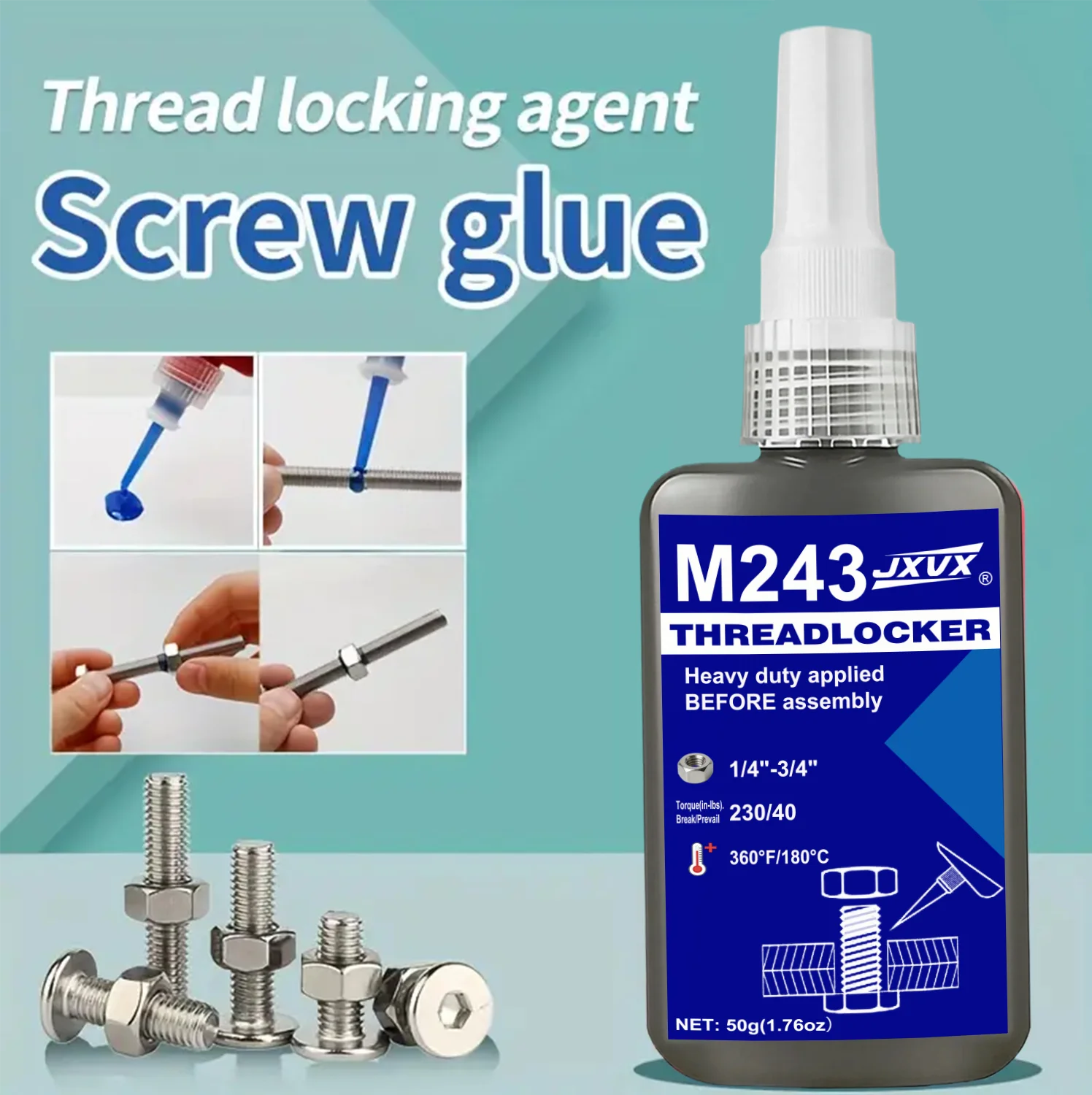 JXVX Blue Thread Locker 243, Adesivo para Fixação de Porcas e Parafusos, Selante de Rosca, Cola Metálica de Cura Anaeróbica, Antiferrugem