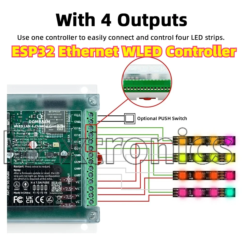 

2026 NEW ESP32 Ethernet WLED Controller 20A/30A 4CH DIN Rail Mount Independent Fuses DIY WiFi Music Sync for WS2811/12 RGB Strip