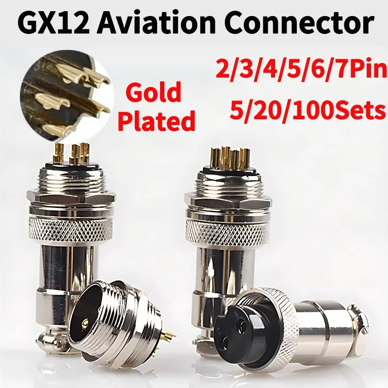 

5/20/100 Sets GX12 2 3 4 5 6 7 Pins Gold-Plated Aviation Plug Circular Connector - Male & Female - Electric Wire Connection