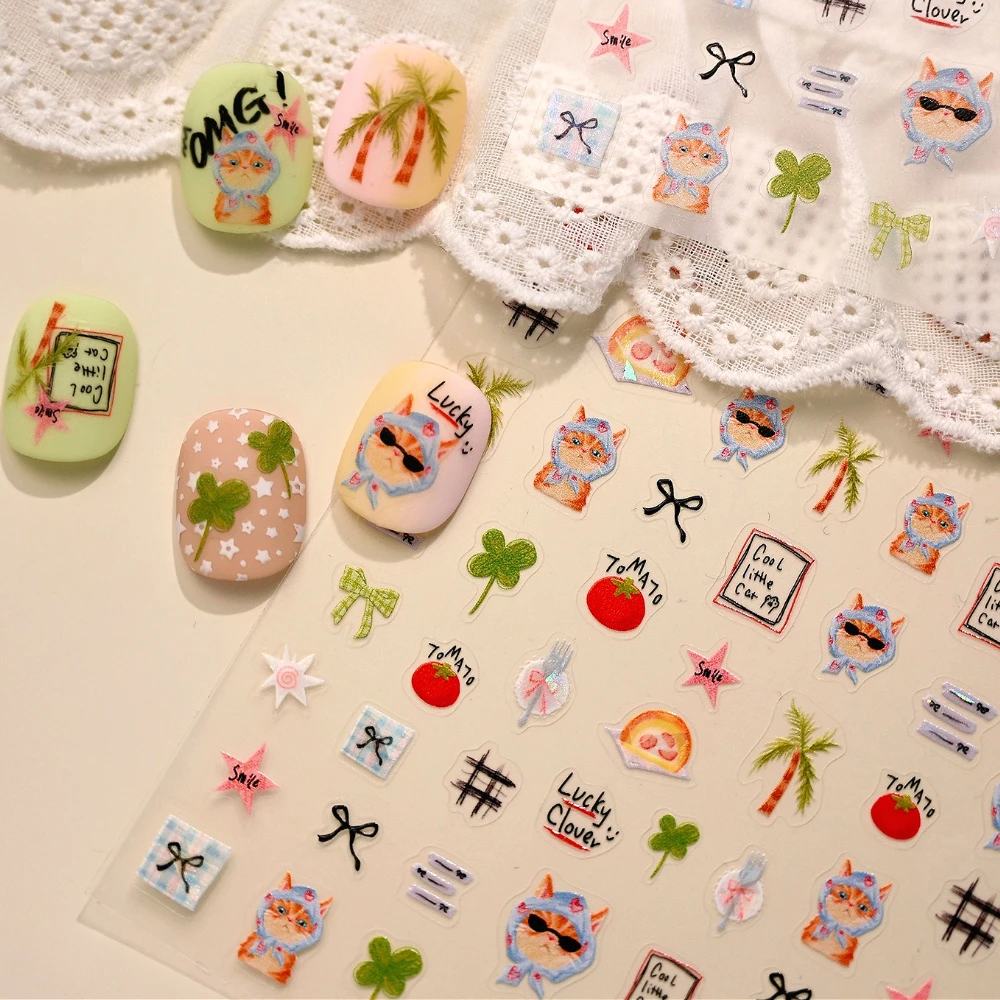 

Lovely Cat Tomato Cake Bowknot Star Lucky Clover Coconut Tree 3D Self Adhesive Nail Art Stickers Cute Manicure Decals Wholesale
