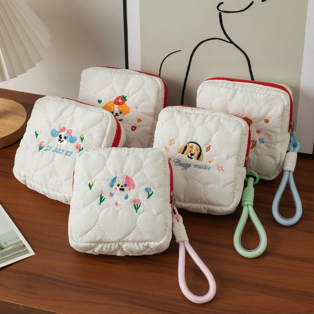 

Ins Style Embroidery Dog Cosmetic Bag With Pendant Rope Large Capacity Sanitary Napkin Storage Bag Zipper Square Coin Purse