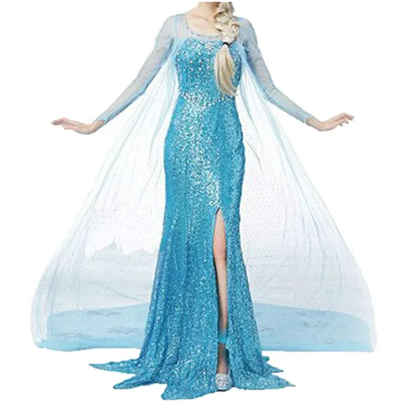 New Adult Womens Snow Queen Elsa prom Costume Cosplay Party Gown Fancy Dress and wig Halloween Carnival Purim Masquerade  idjkg