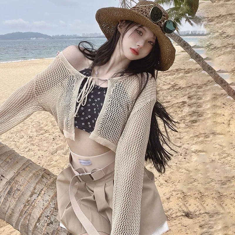 Summer Casual Cardigans Women Sun-proof Thin Cropped Loose Beach Style Fashion Hollow Out Pure O-neck Ulzzang Holiday Clothing