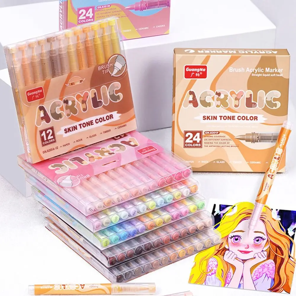 12-Colors قلم تحديد أكريليك Softhead ألوان نابضة بالحياة اللوحة قلم ملون الفن القرطاسية التجفيف السريع مستقيم السائل ماركر