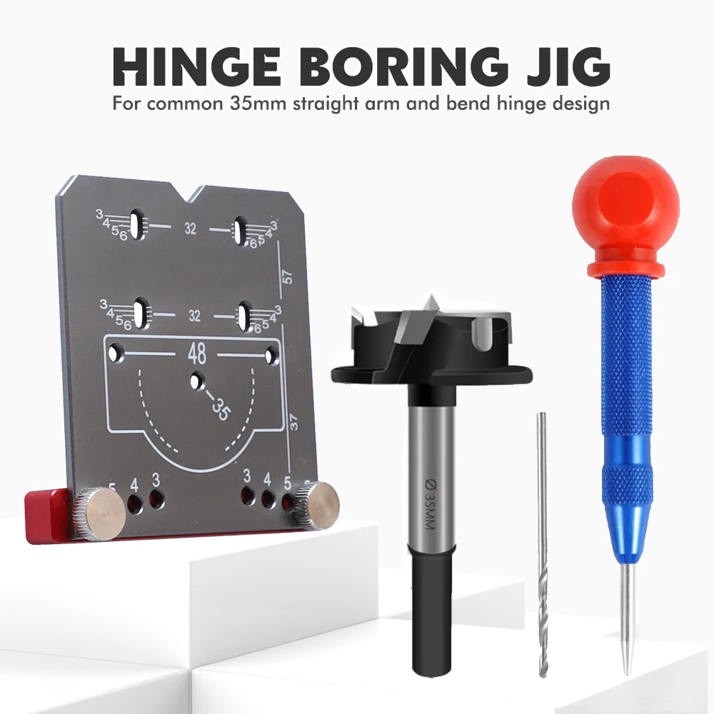 35mm Hinge Boring Jig Kit Drilling Guide Locator with Forstner Bit Punch Bit Woodworking Template for Cabinet Hinge
