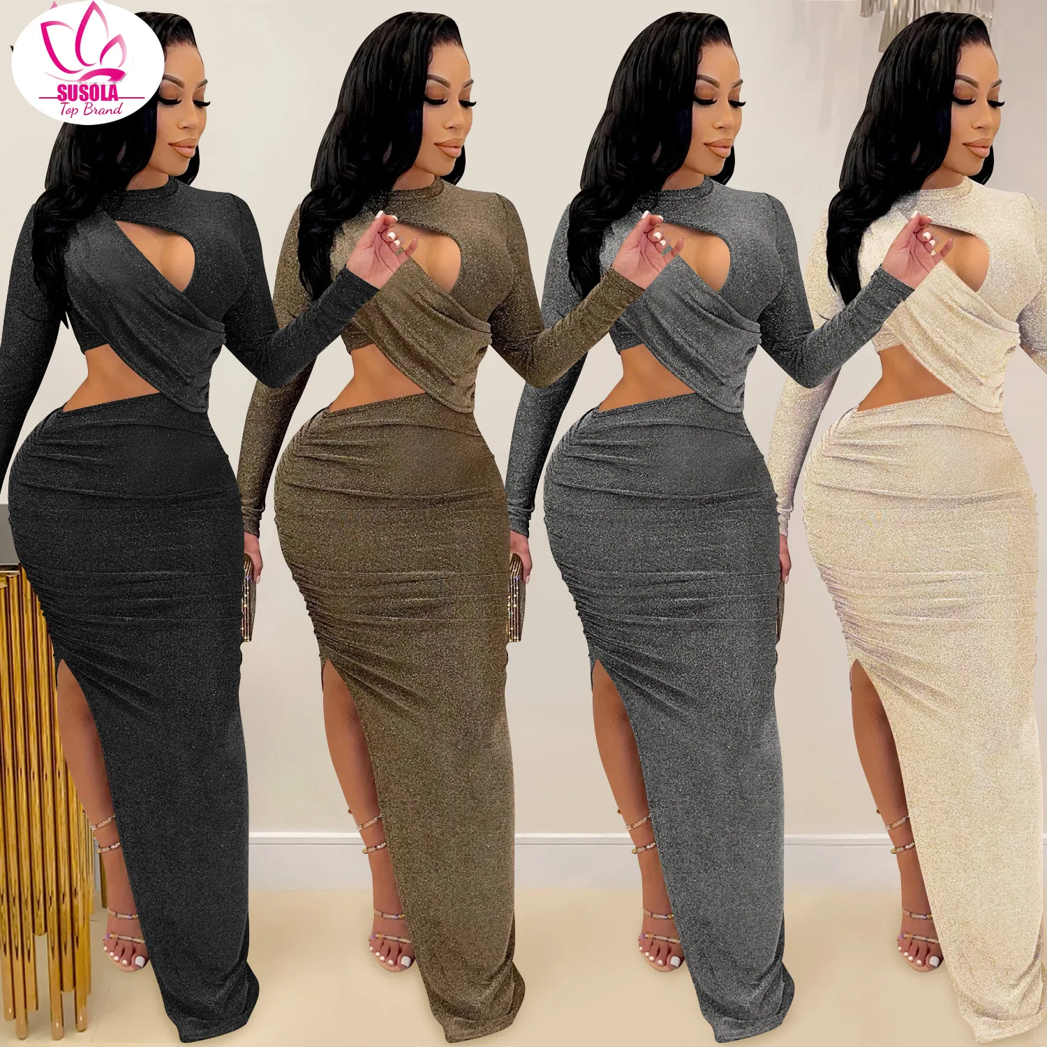 

Elegant Glitter Solid Ruched Long Women Dress Sexy Cut Out O Neck Long Sleeve High Slit Evening Club Party Dress Robe Christmas