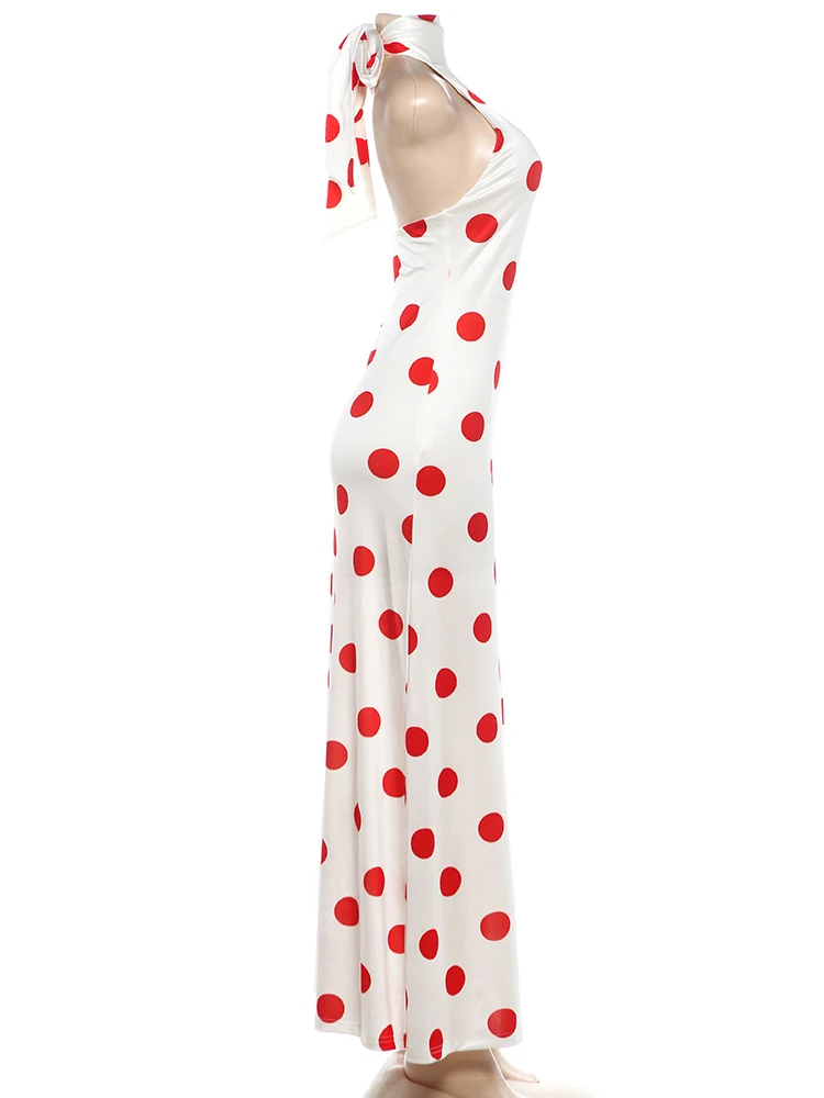Weird Puss Sexy Rückenfreies Langes Kleid für Damen, Polka-Dot-Druck, Schnürung, Neckholder, Rollkragen, Ärmellos, Mitternachtsparty, Elegante Vestidos – Detail 4