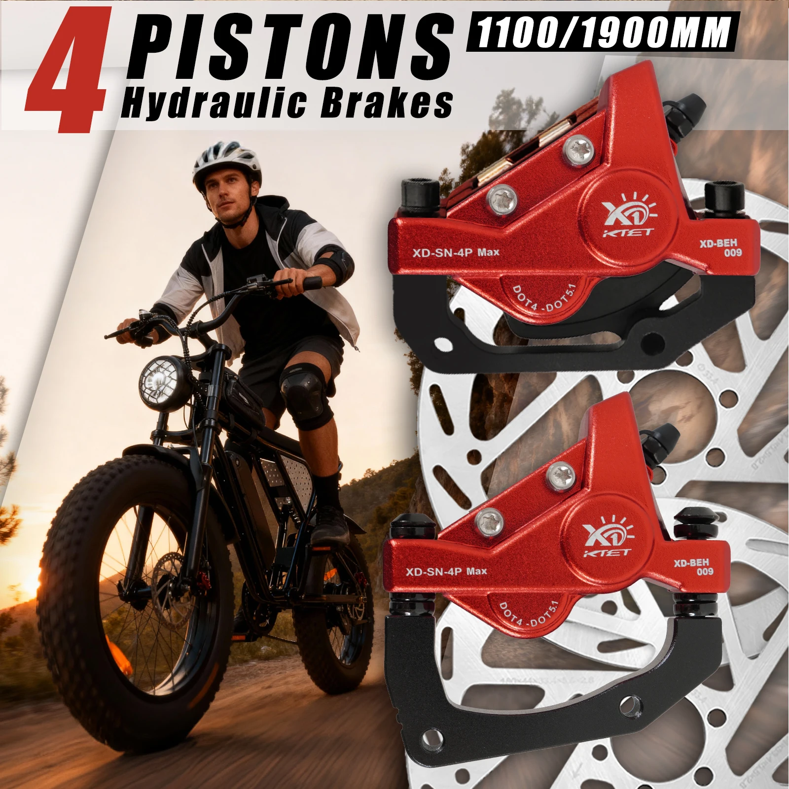 

KTET Power Cut Off Hydraulic Brake Set: Easy Install 4 Piston Calipers for Electric Bike, Complete Aluminum Alloy Disc Brake Kit