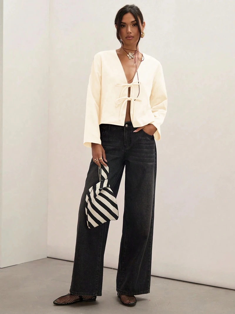 Abrikoos dames casual blouse met striksluiting, sexy overhemd, comfortabele pasvorm, modieuze top voor kantoor- en vrijetijdskleding