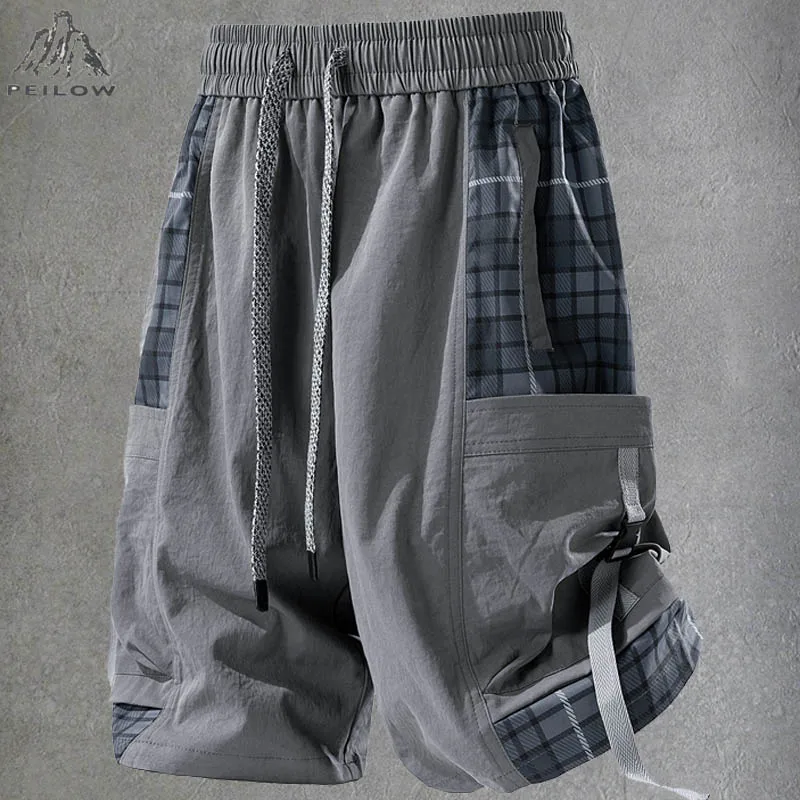 American Checkered Patchwork Casual Summer Cargo Shorts Men Trendy Design Loose Workwear Camouflage Cropped Pants Men Clothing