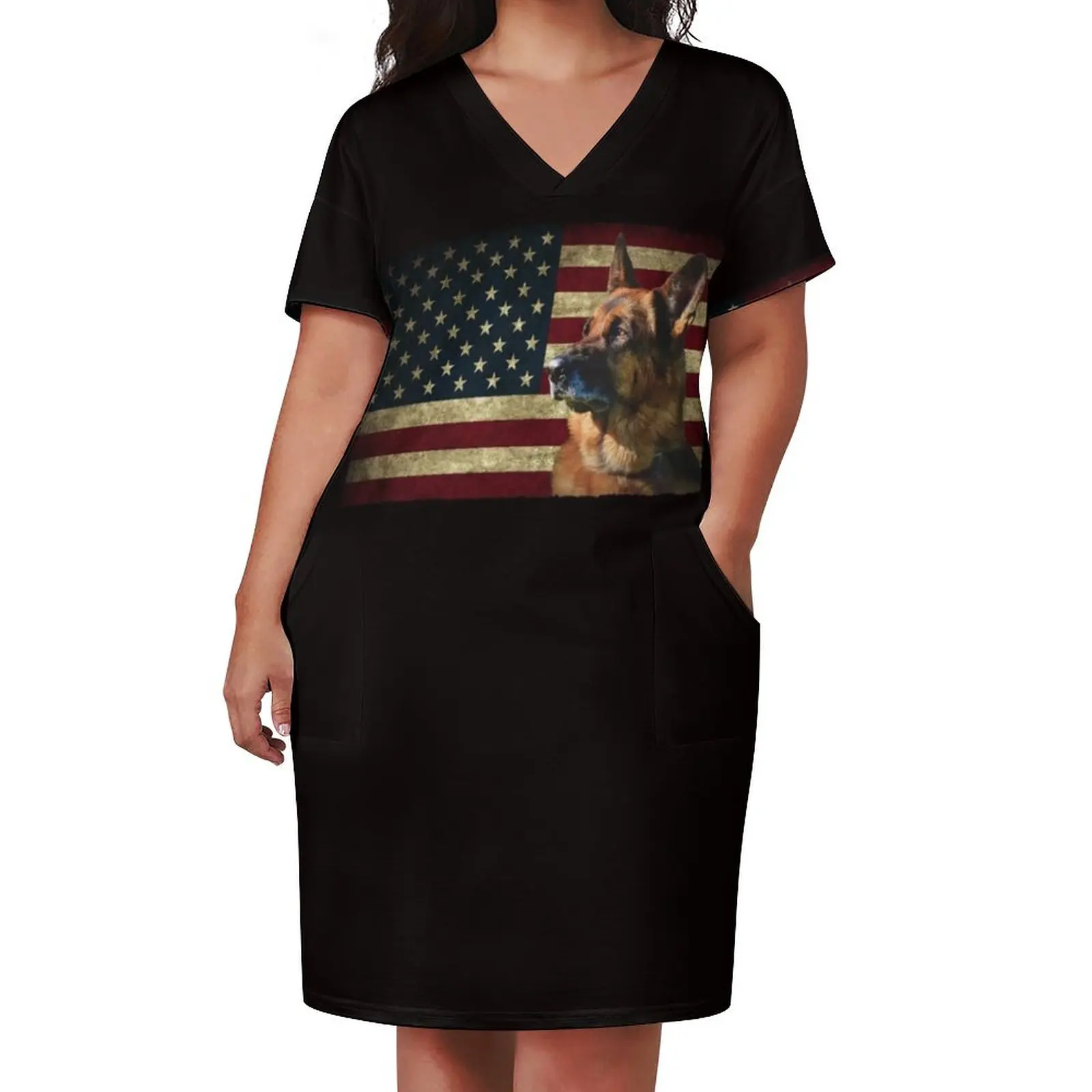 German Shepherd face American Flag lover 4th of July gift GS dog dad GSD Dog mom Loose Pocket Dress wedding guest dress 2025