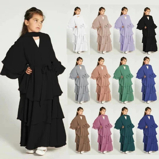 Eid Ramadan Kids Girls Abaya Muslim Ruffle Layer Long Maxi Dress Turkey Dubai Kaftan Islamic Arab Gown Caftan Jalabiya Clothing