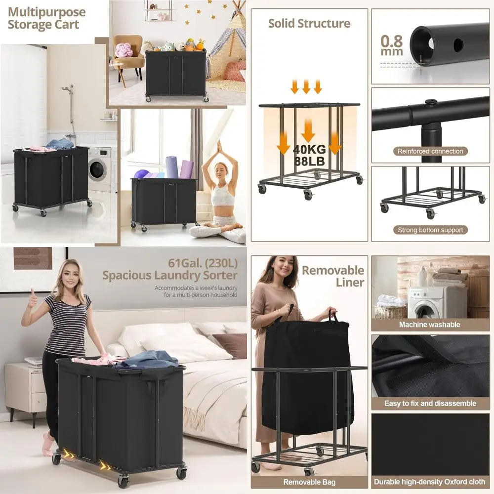 

Двухсекционная корзина для белья на колесиках, вместимость 230 л, прочная, с бесшумными роликами и съемными пакетами.