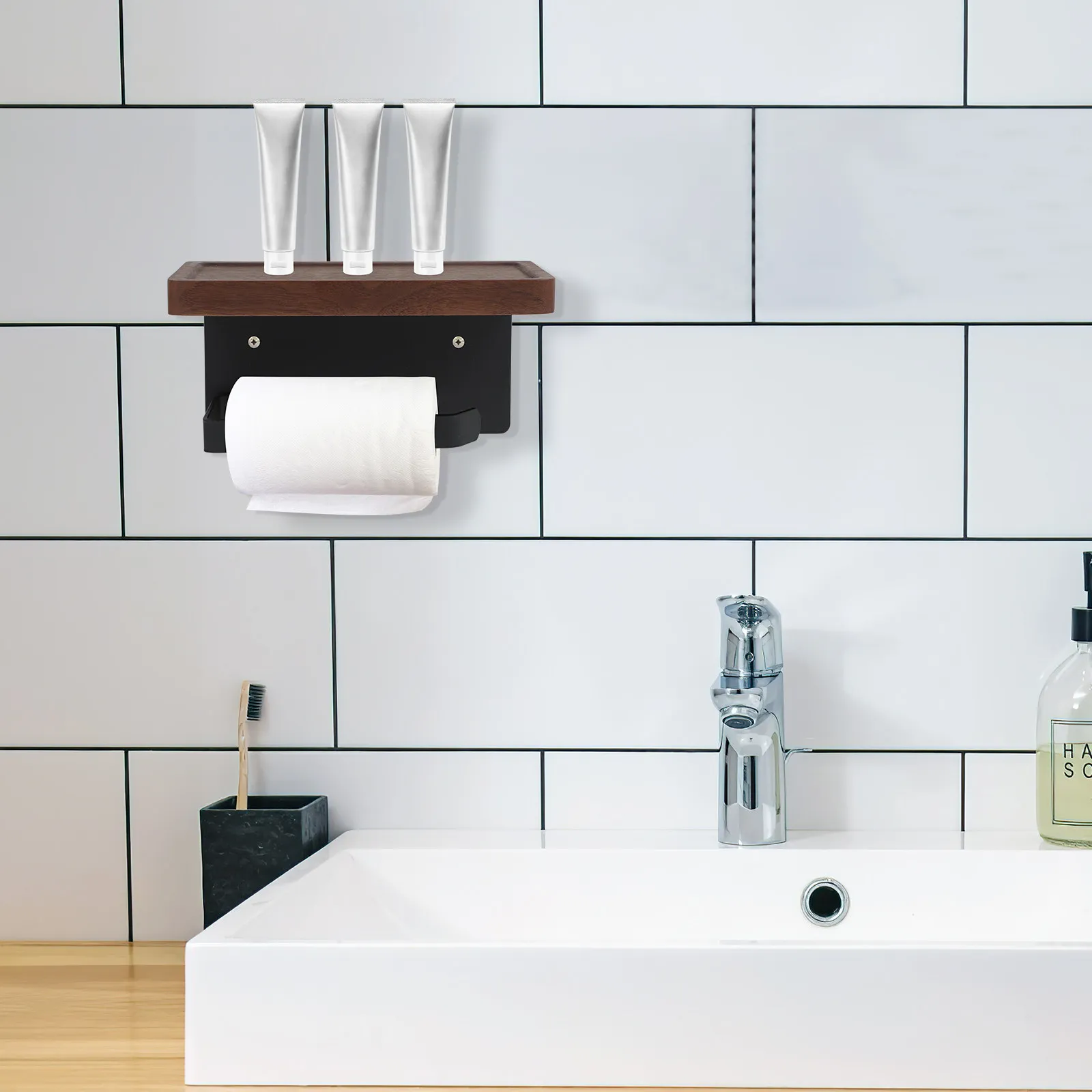 

Sturdy Wooden Toilet Paper Holder with Shelf Stainless Steel Wall Mount Tissue Rack for Bathroom Kitchen Roll Paper Storage