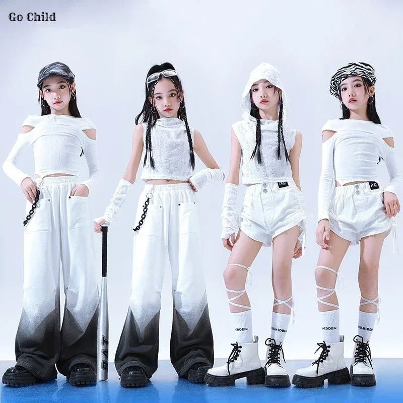 Girls Ripped Crop Hoodies Gradient Cargo Pants Kids Hip Hop Jazz Street Dance Shorts Clothes Set Child Streetwear K-pop Costumes