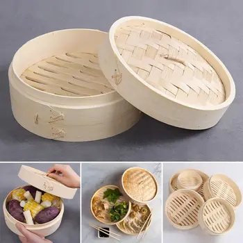 뚜껑이 달린 대나무 스티머 바구니, 만두 스티머 바구니, 중국 스티머 바구니, 바오 빵 요리용 대나무 스티머 