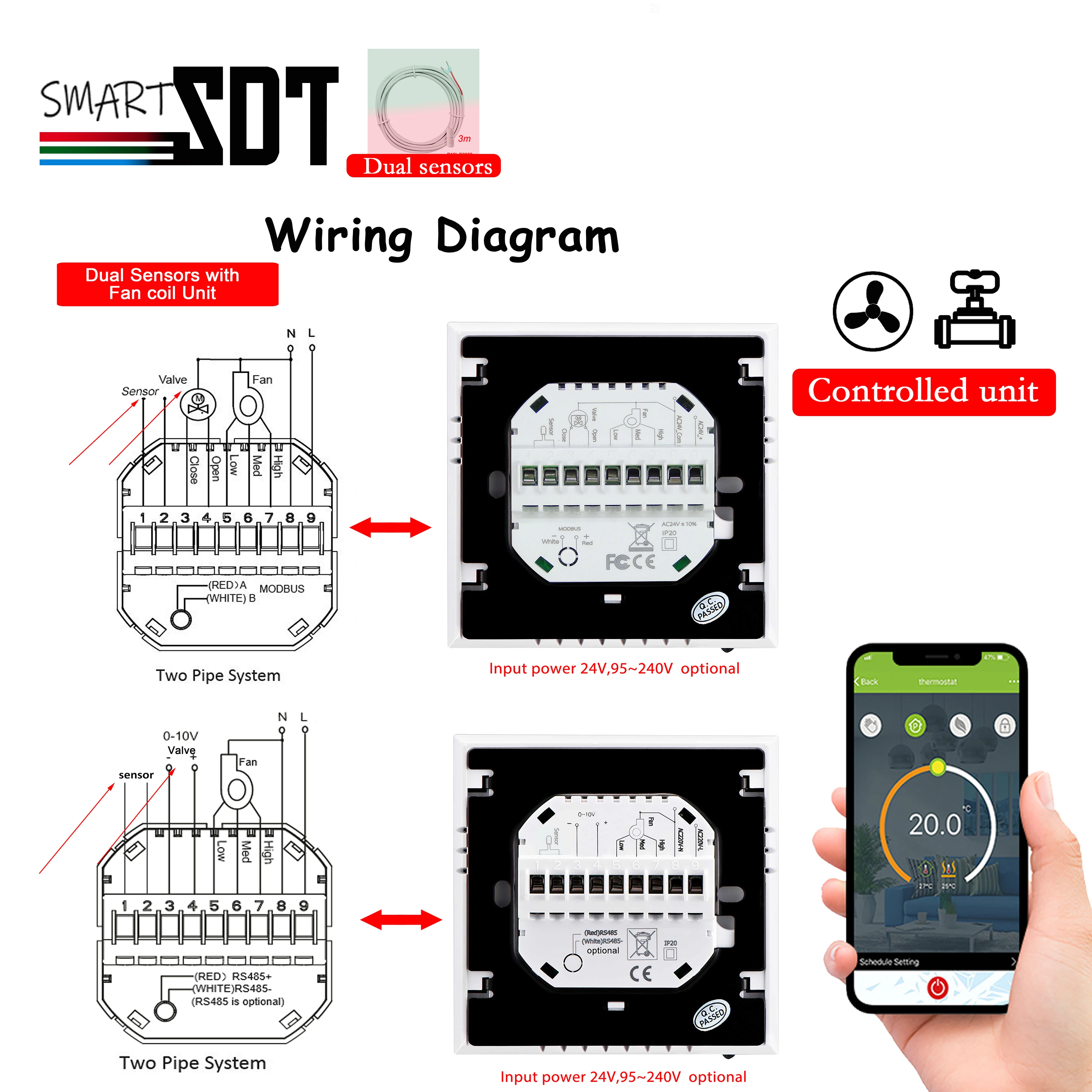 Imagem -04 - Dual Sensor Fan Coil Termostato para Wi-fi Rtu Modbus 010v Proporção nc no Valve Management Arrefecimento e Aquecimento Velocidade em Casa