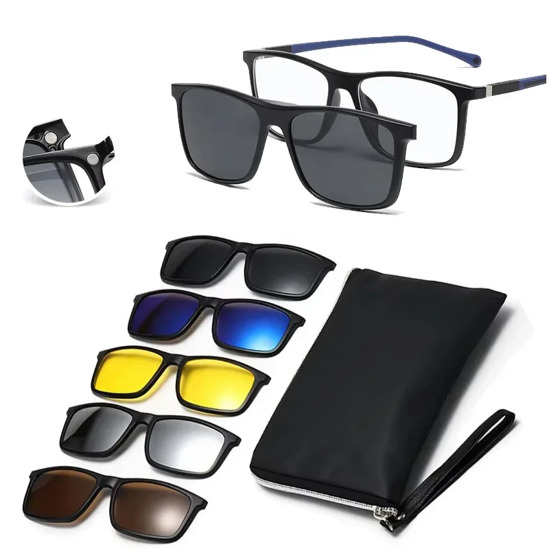 3303A Gradul Grey White Frame 6 in 1 Polarized Clips Magnetic Glasses Sunglasses With 5 Clips Magnet Can Be Customized
