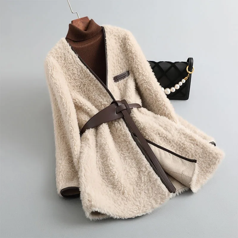 신상 스타일 양털 코트 브이넥 양모 올인원 스킨 오버코트 여성 중간 길이 여성용 퍼 코트