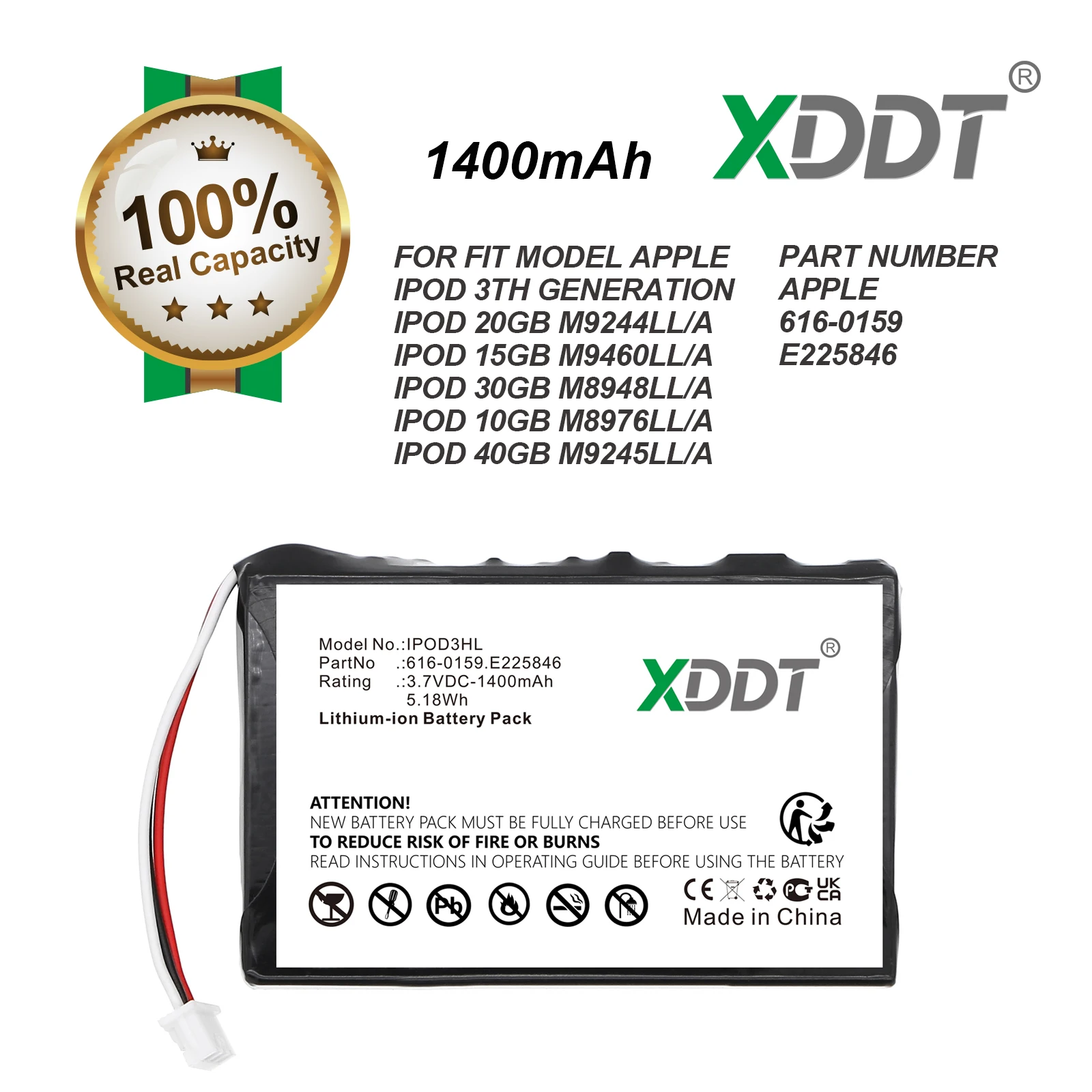 1400mah Battery For Apple 616-0159 E225846 iPOD 3th Generation 20GB M9244LL/A 15GB M9460LL/A 30GB M8948LL/A 10GB M8976LL/A