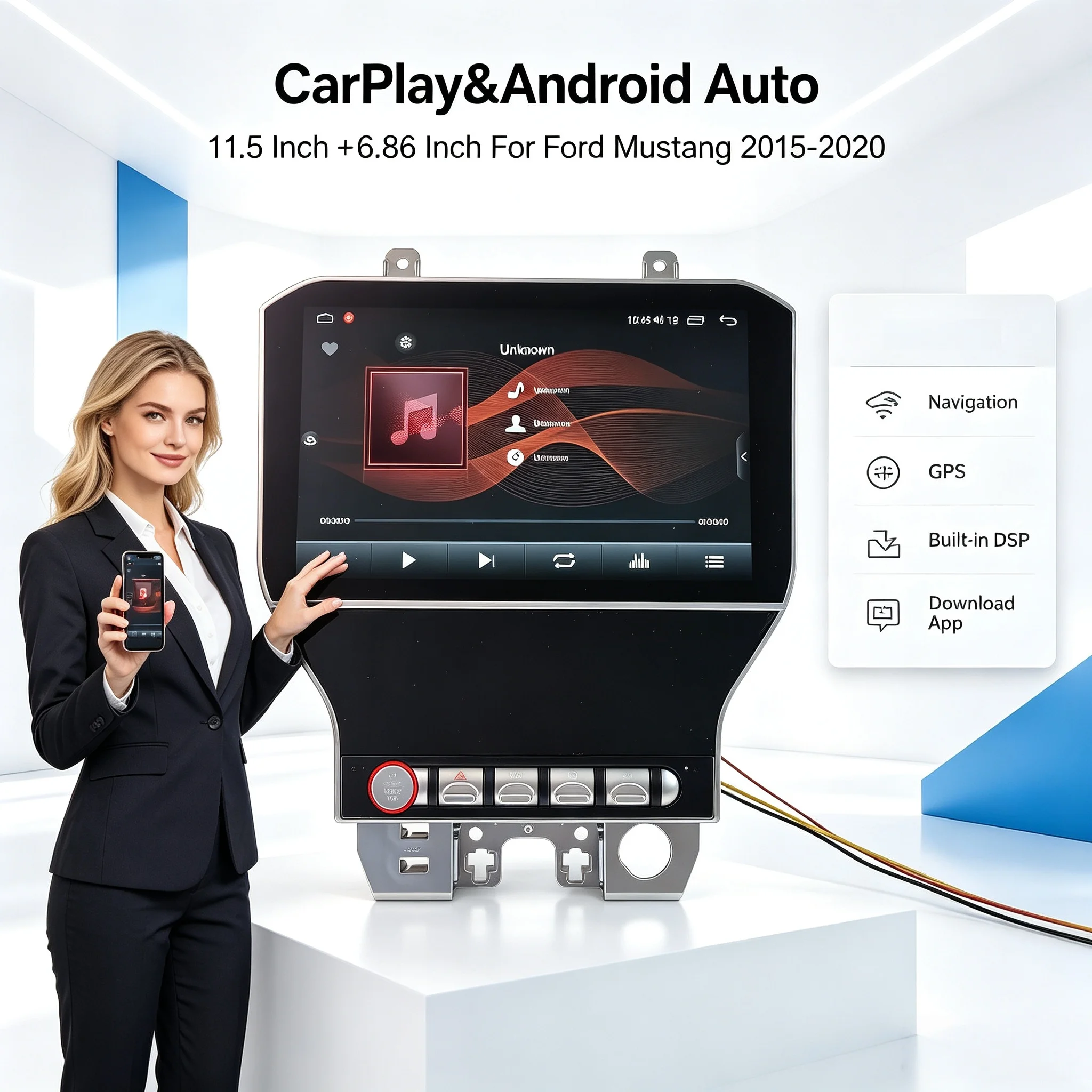 Wireless Carplay Android IPS Touch Screen Car Stereo Head Unit GPS Navigation Multimedia Player For Ford Mustang 2015-2020