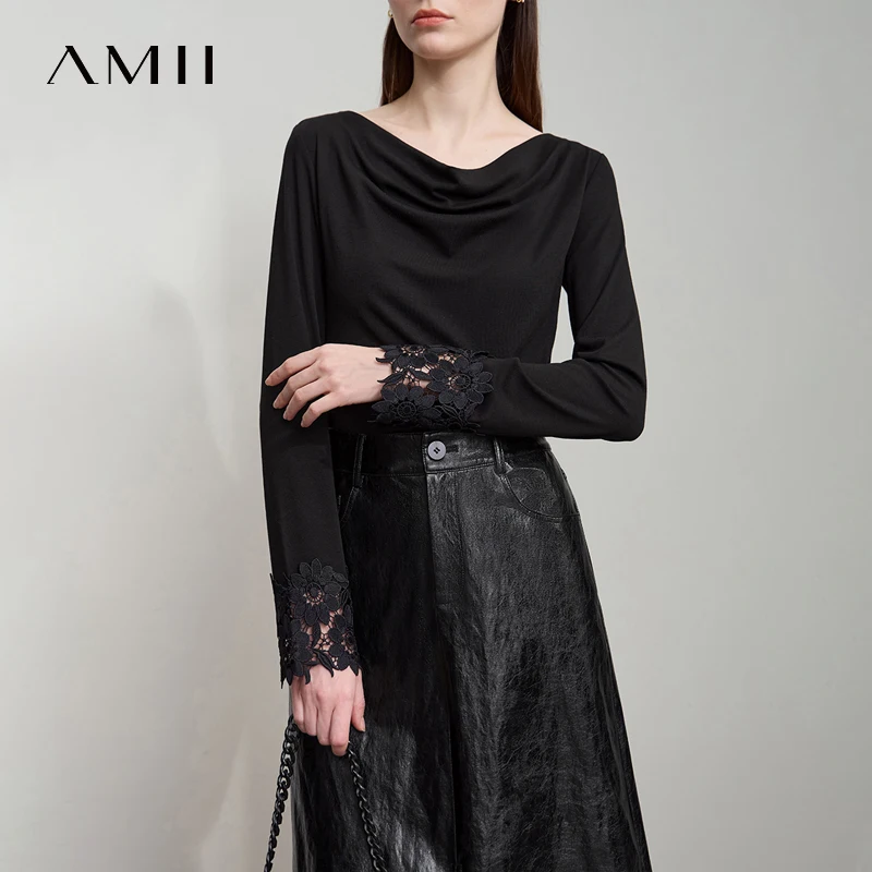 AMII Minimalist Women's Long Sleeve T-Shirt 2025 Autumn Simple Solid Asymmetric Drape Neck Lace Cuffs Tops Casual Tees 12543076