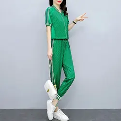 Ensembles assortis de patchwork College sportifs pour femmes, fermeture à glissière, décoration de ligne lumineuse, pantalons haren élastiques d'été, vêtements pour femmes