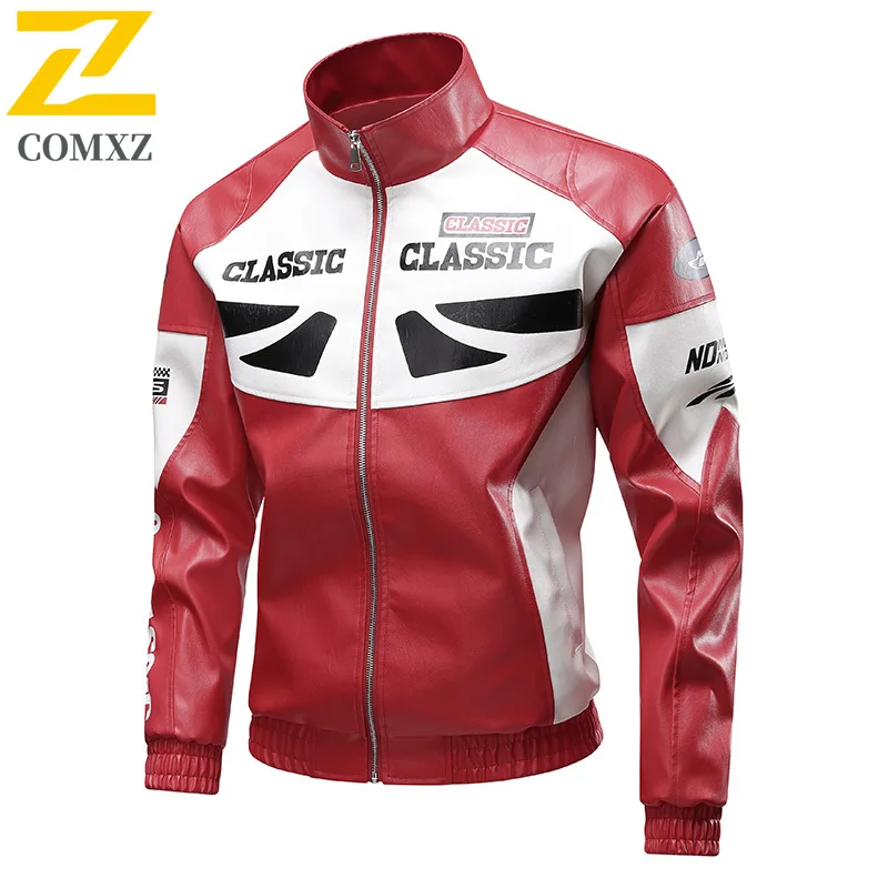 COMXZ 2025 Unisex Leather Jacket Retro Color Block Travel Scratch Resistant Jackets Leisure Stand Collar Windproof Outerwear​
