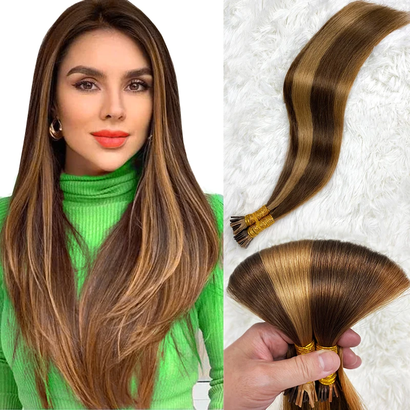 

Highlight Straight I Tip Hair Extensions Natural Real Human Fusion Human Hair 50pcs/ Set Keratin Capsule Brown Blonde Color 55cm