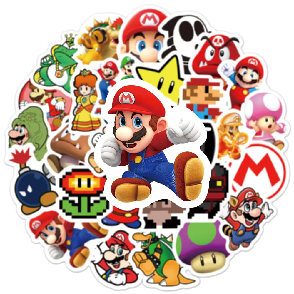 50pcs/set Super Mario Bros Series PVC Cartoon Stickers Cute Game Figure Phone Wall Decoration Sticker Repeat Paste Kid Toy Gift