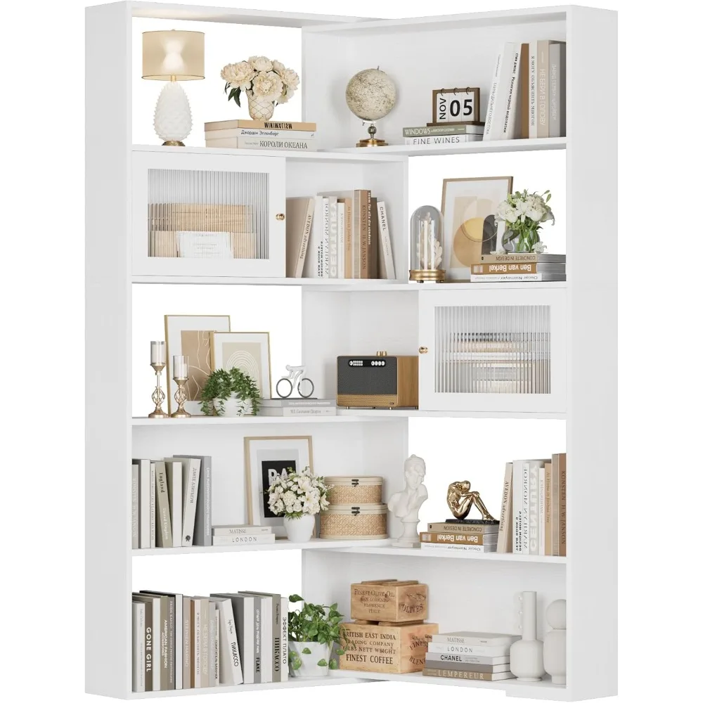 "رف كتب زاوية مكون من 5 طبقات مع أبواب، وخزانة كتب طويلة للتخزين للعرض والتنظيم"