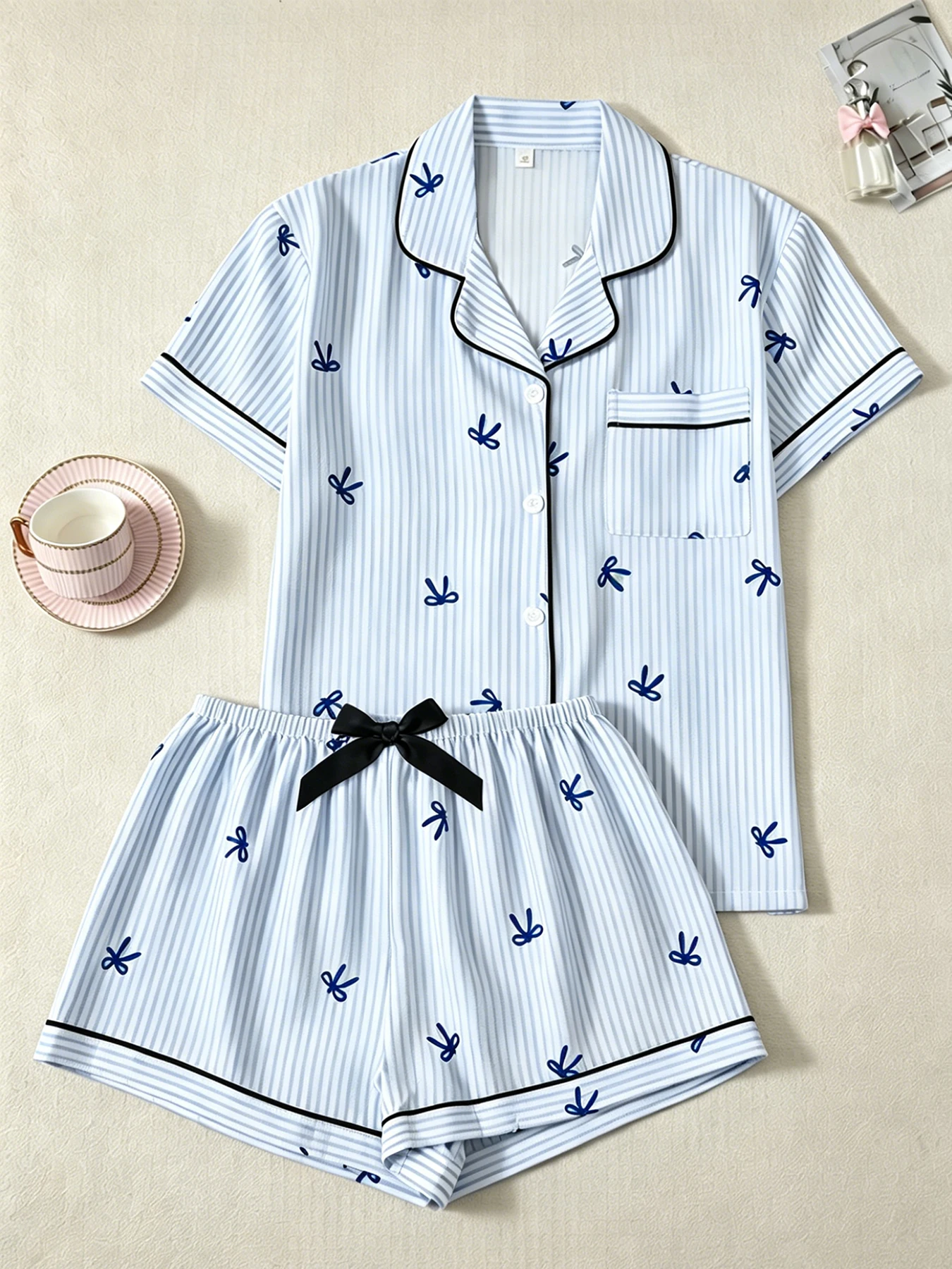Women's Striped Bow Print Pajama Set Short Sleeve Button Down Shirt & Shorts 2 Piece Pajamas Bubble Crepe Loungewear Sleepwear image 4