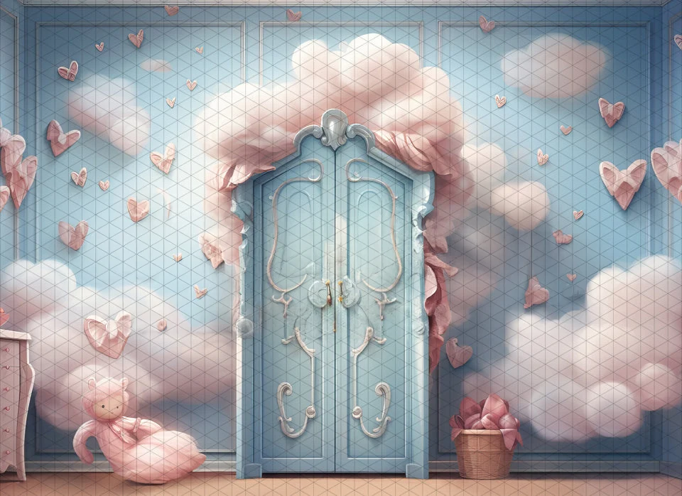 

Valentines Day Cupids Armoire cloud door Heart backdrops computer print party supplies Photography Studio Backgrounds