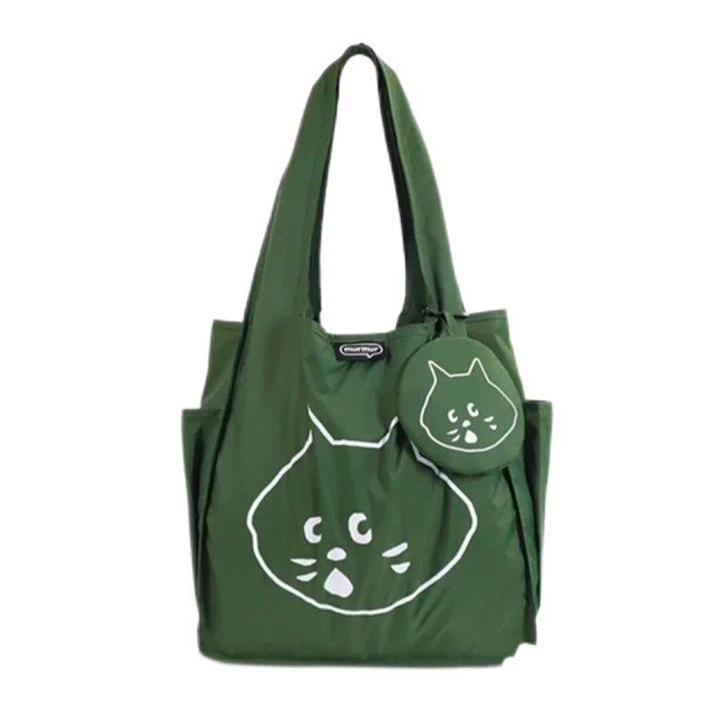Ne Net Surprised Cat Cartoon Cute Folding Shoulder Bag Large Capacity Nylon Shopping Bag Female Purse Tote Bag Two-piece Set