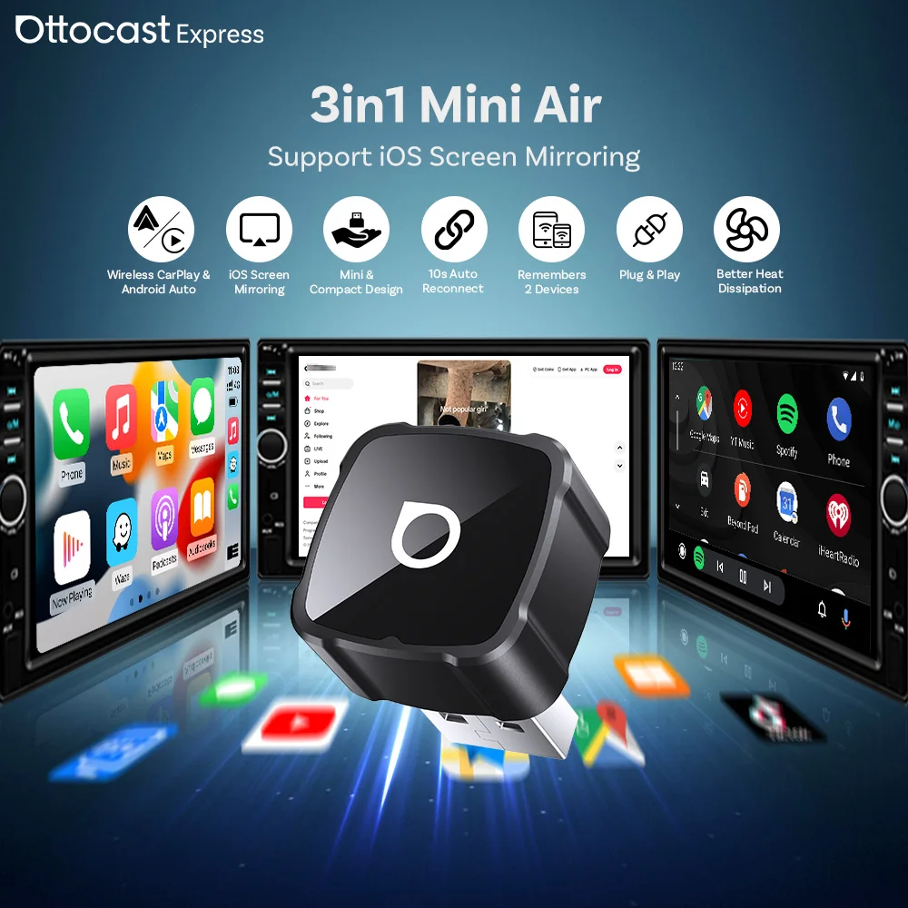OTTOCAST Mini Air Wireless CarPlay Adapter iOS Screen Mirroring  Plug and Play 2.4GHz + 5GHz Wi-Fi Fast And Stable Connection
