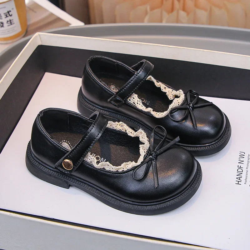 Girls Princess Shoes with Simple Bows Children Leather Shoes Versatile Soft Bottom 2025 Spring Autumn New Kids Flats Round Toes