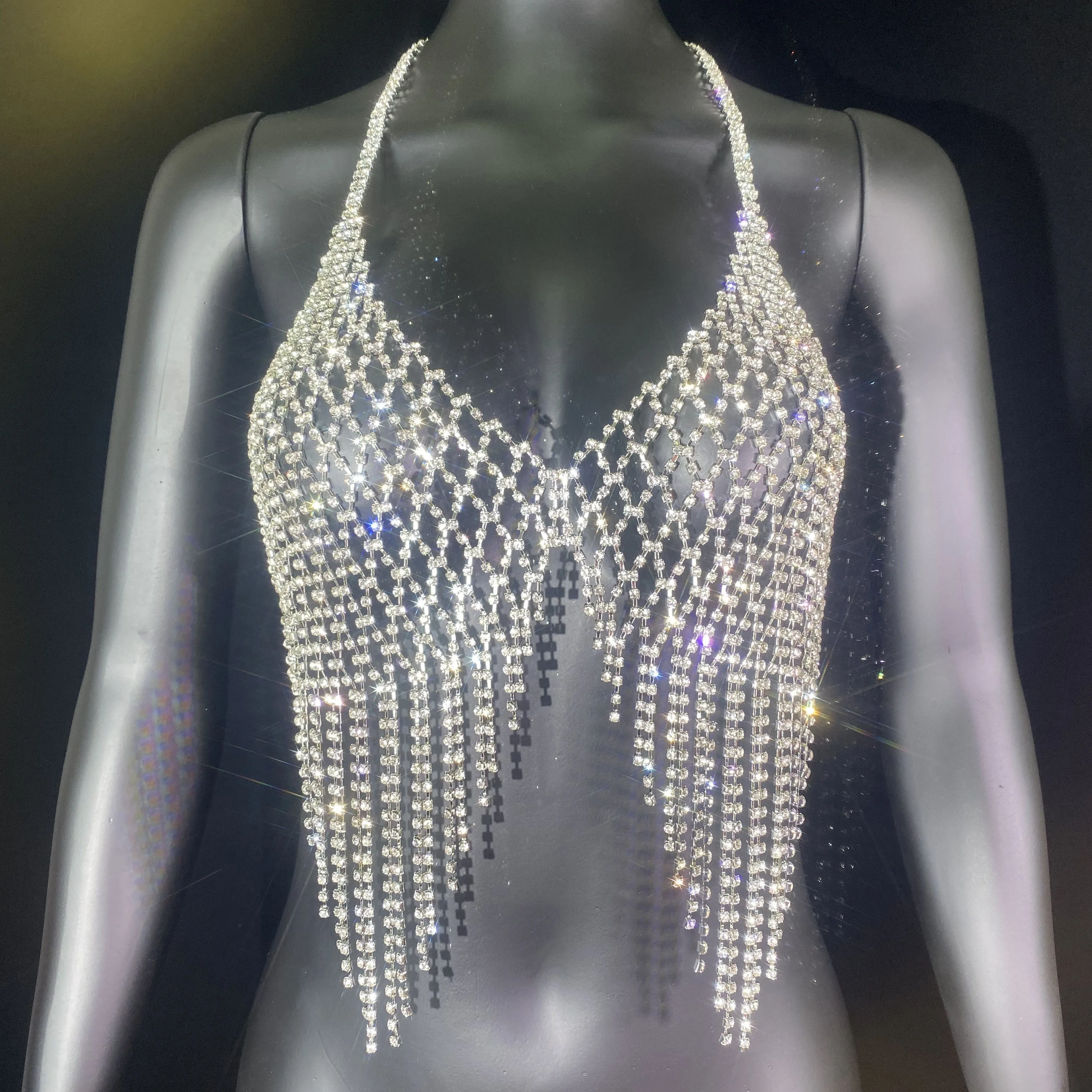 Hot selling accessories in European and American nightclubs, sparkling tassel chest chain, mesh rhinestone body chain