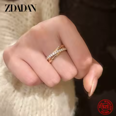 ZDADAN 925 Sterling Silver Three Circle Weave Zircon Open Ring For Women Fashion Wedding Jewelry