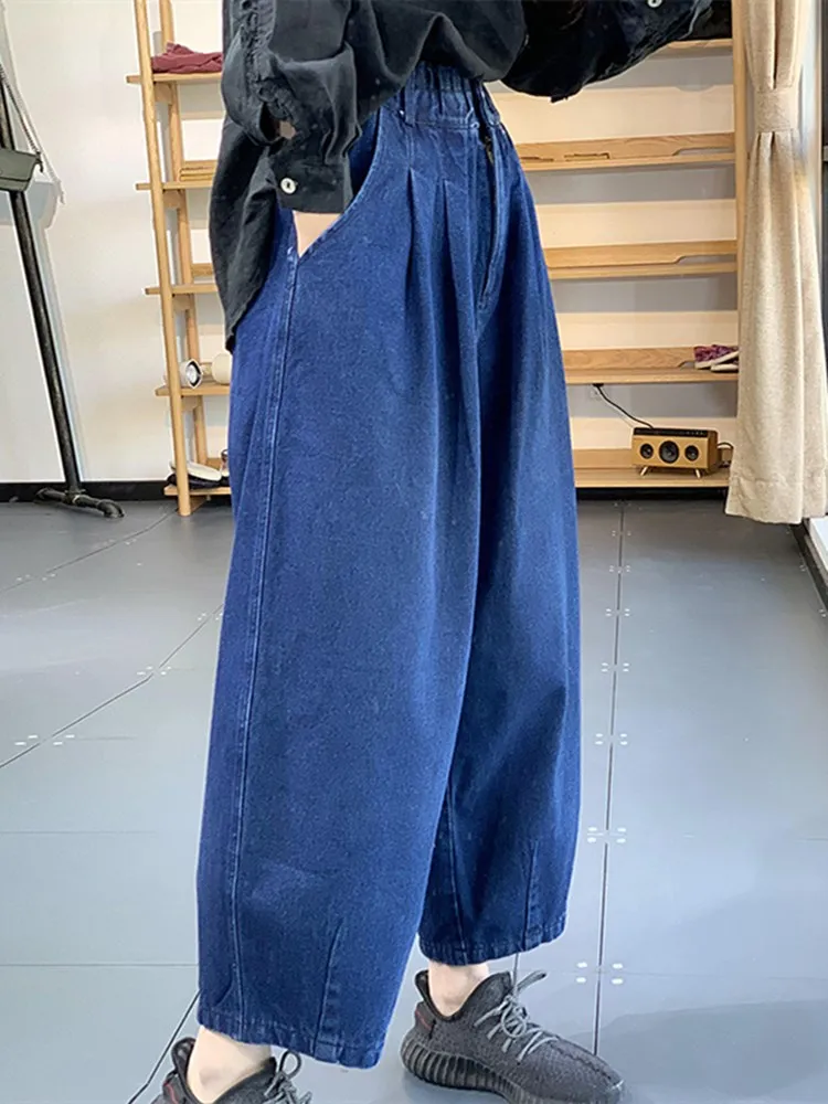 กางเกงทรงบานเอวสูงสำหรับผู้หญิง ทรงฮาร์แลน ดีไซน์เดนิม ไซส์ใหญ่ ทรงกระบอก ช่วยให้ดูผอม ใส่ได้ทั้งฤดูใบไม้ผลิและฤดูร้อน ผลิตจากผ้าฝ้ายยืด