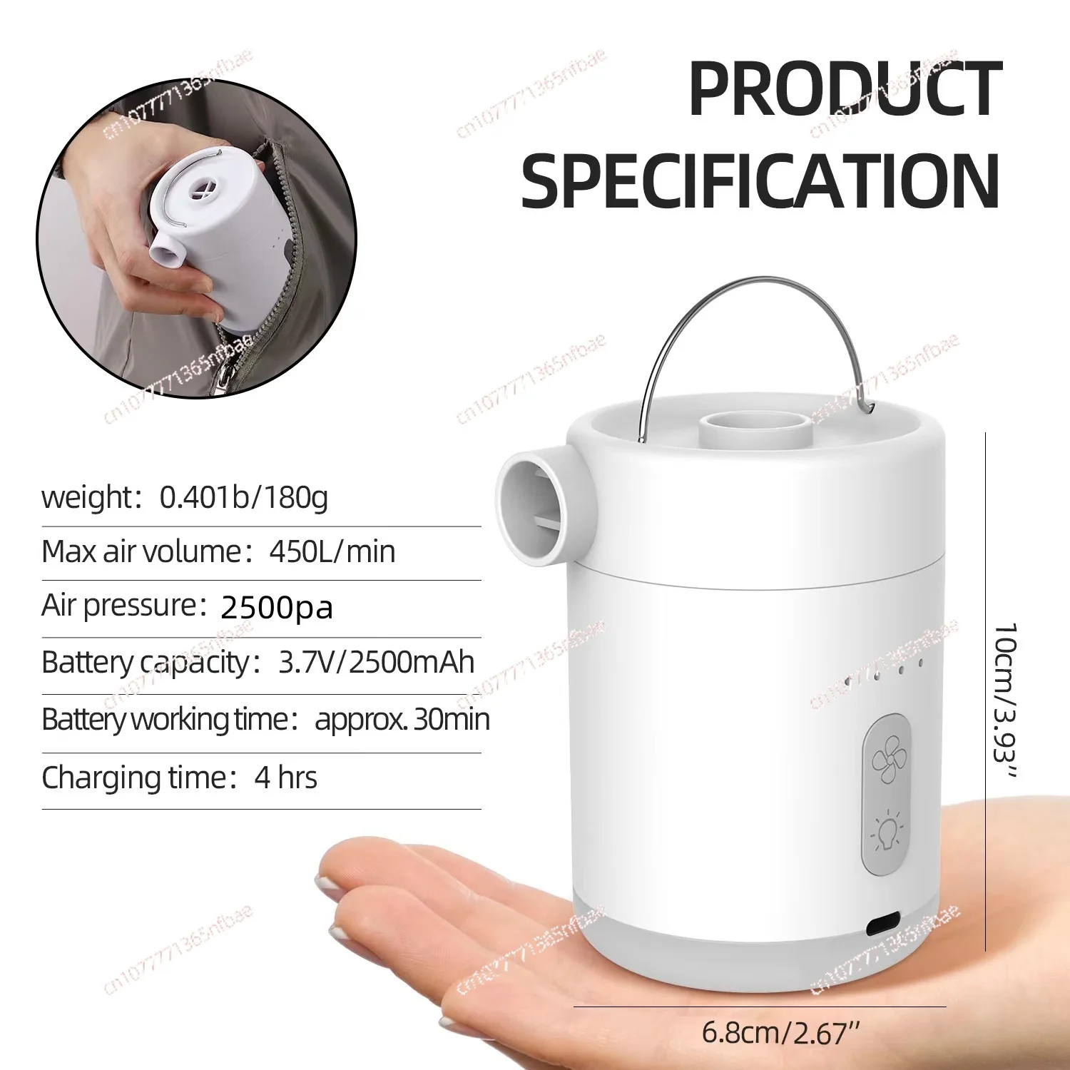 Outdoor Portable Mini Electric Air Pump with Lighting, Rechargeable Lithium Battery, Wireless Inflation and Deflation Pump
