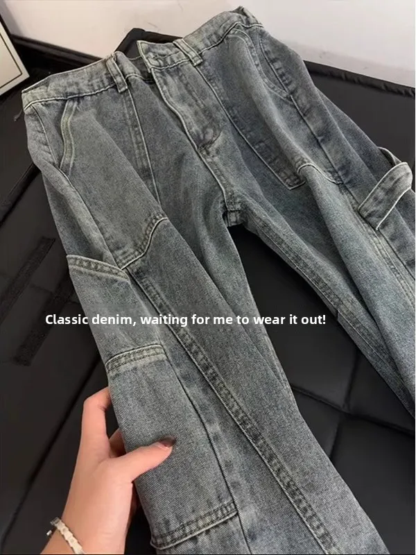 Cleanfit Deconstructed Multi-Pocket Workwear Denim Jeans Men's American Trendy Brand Washed Logging Straight Leg Micro Flared...