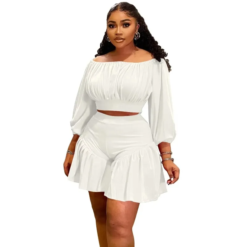 Plus Size Women's Set Long Sleeve Slash Neck T-Shirt and Shorts 2025 Summer Ruched Two 2 Piece Set Outfits Tracksuit