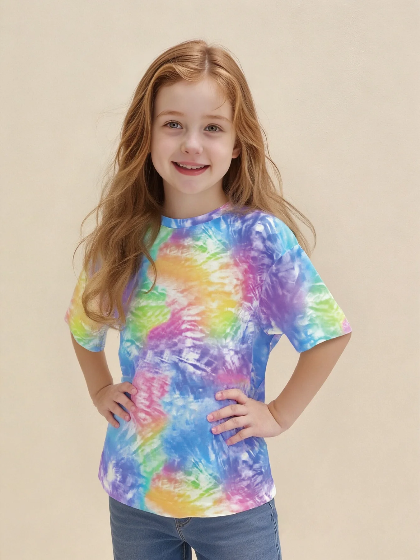 

2026 girls tie-dye short-sleeved T-shirt, color-mixed hand-printed top
