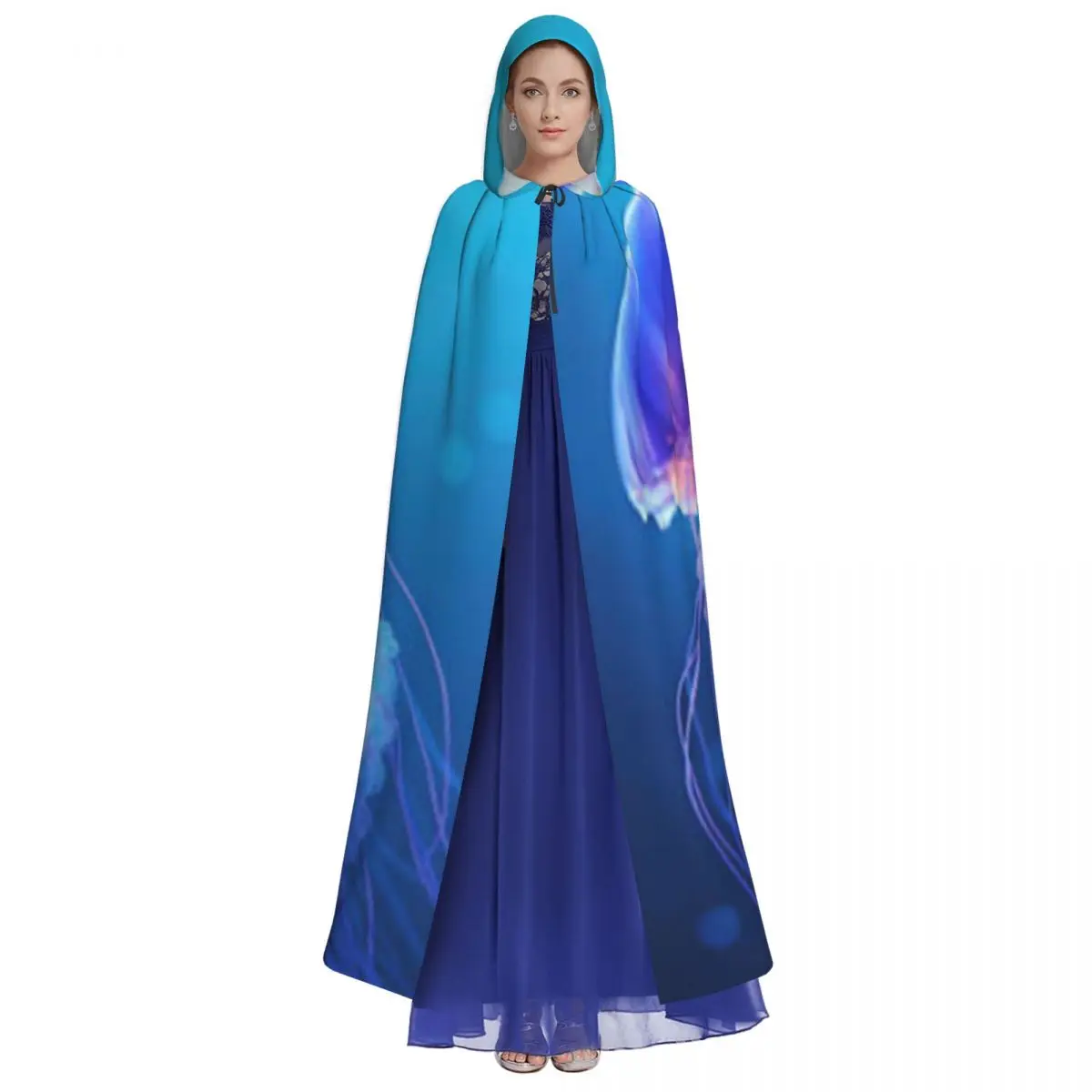 Underwater Sea Jellyfish Hooded Cloak Polyester Unisex Witch Cape Costume Accessory