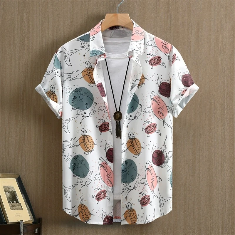 Men's Marble Fluid Art Print Short Sleeve Shirt, Lapel Button‑Down Casual Blouse, Blue Brown Swirl Abstract Pattern Loose Tops,